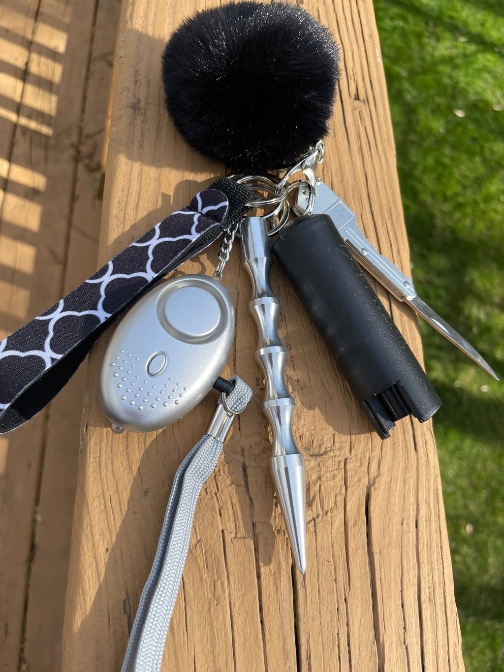 Self-defense safety keychain wristlet black turquoise blue pom pom